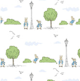 Beatrix Potter – Peter Rabbit London Park Weißer bedruckter Stoff aus 100 % Baumwolle